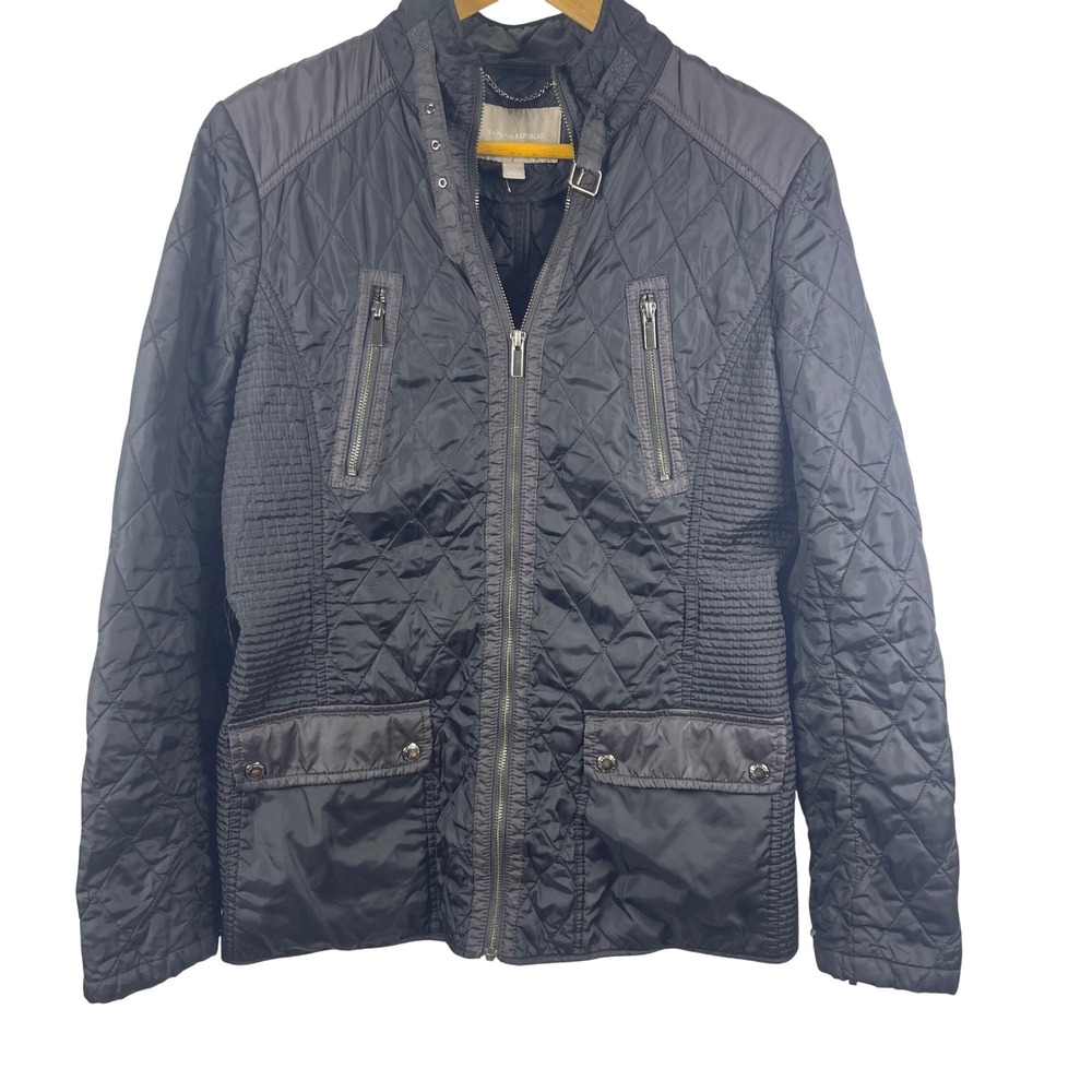 Banana Republic Black Quilted Jacket Size L Moto Zip Pockets Stylish‎ Outerwear
